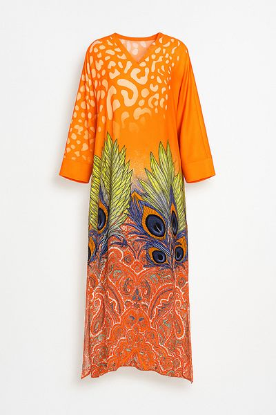 VAGGON Rochie de damă PORTOCALIE cu guler de judecător, cu mâneci liliac, cu imprimeu, lungime maxi, cu fante laterale, țesută PRMX12013