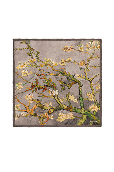 Bursa İpek Gri Badem Çiçeği İpek Mendil
