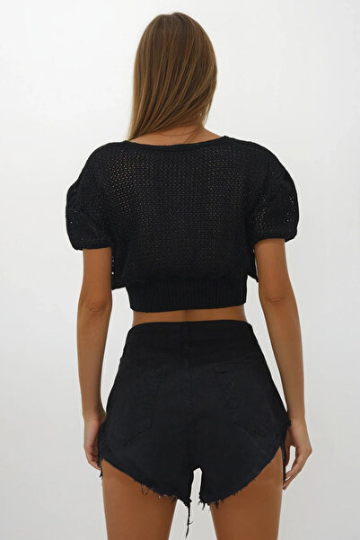 VAGGON Kadın Siyah 4 Cepli Bağcık Detaylı Püsküllü Kot Şort Vs00253