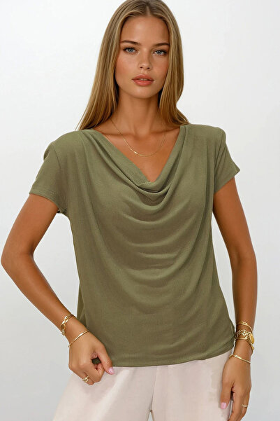 VAGGON Γυναικεία πλεκτή μπλούζα με γιακά χακί Degaje με επένδυση Vs00191