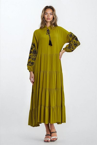 VAGGON Rochie de damă KHAKI broderie brodată guler judecător cu mâneci cu șireturi elastică mărime mare VS00335
