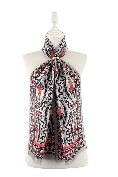 Bursa İpek Gray Red Large Tulip Voile Silk Scarf