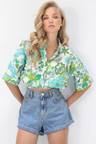 VAGGON Women's Green Floral Patterned Double Sleeve Crop Shirt Prmx14176