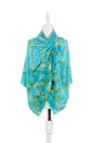 Bursa İpek Su Yeşil Badem Çiçeği Desen Kışlık Şal