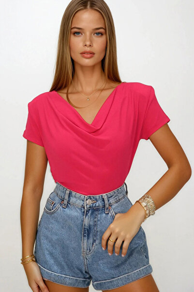 VAGGON Γυναικεία Φούξια Degaje γιακάς ντραπέ πλεκτή μπλούζα Vs00191