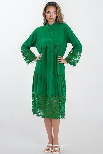 VAGGON Rochie de damă VERDE cu guler de judecător cu nasturi în față din viscoză VS00337