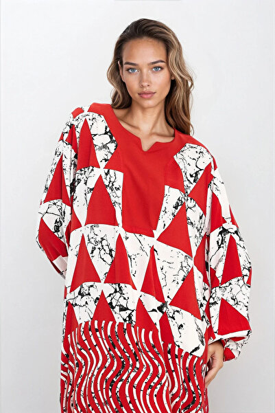 VAGGON Γυναικείο κόκκινο φόρεμα με ελαστικά μανίκια διπλή τσέπη Plus Size Vs00293