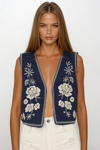 VAGGON Women's Dark Blue Embroidery Detailed Lined Textured Crop Vest Vs00242