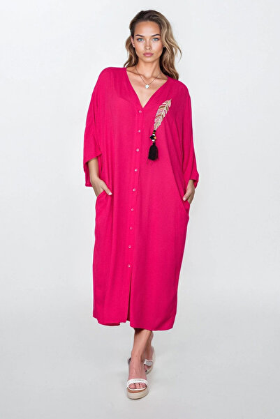 VAGGON Rochie de damă fucsia cu nasturi, buzunar dublu, broderie, mărime mare Vs00313