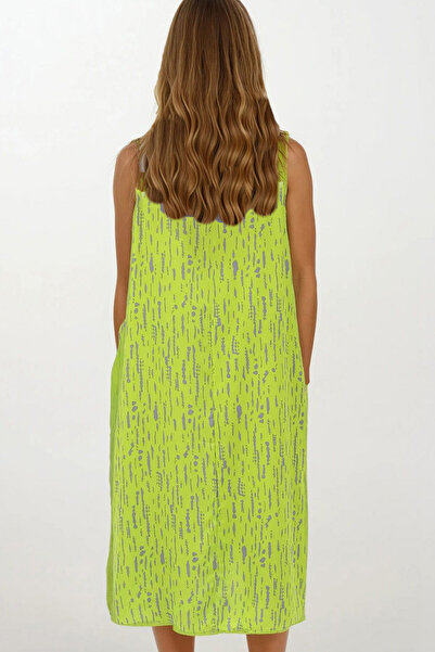 VAGGON Women's Pistachio Green Patterned Double Pocket Sleeveless Relaxed Cut Dress Vs00269