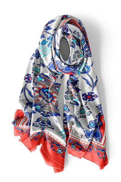 Bursa İpek Red Navy Blue Tile Tulip Voile Silk Scarf