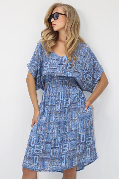 VAGGON Women's Blue V-Neck Double Pocket Ethnic Patterned Waist Gipped Woven Viscose Dress Prmx14200