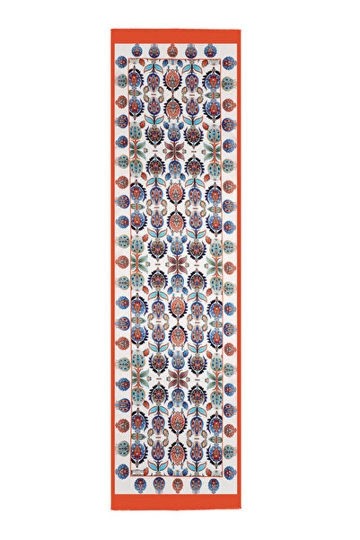 Bursa İpek Narrow Silk Scarf - Tan and Iznik Patterned