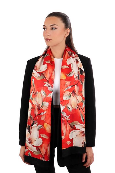 Bursa İpek Silk Scarf - Red Daffodil Pattern