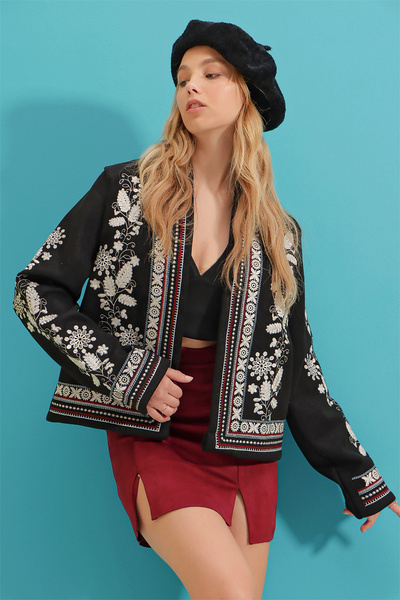 VAGGON Γυναικείο μαύρο σάλι με κέντημα με λεπτομέρεια με κασμίρ Vgn-X9352