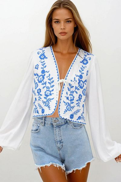 VAGGON Women's Blue Embroidered Tie-Up Ceten Crop Jacket Vs00235