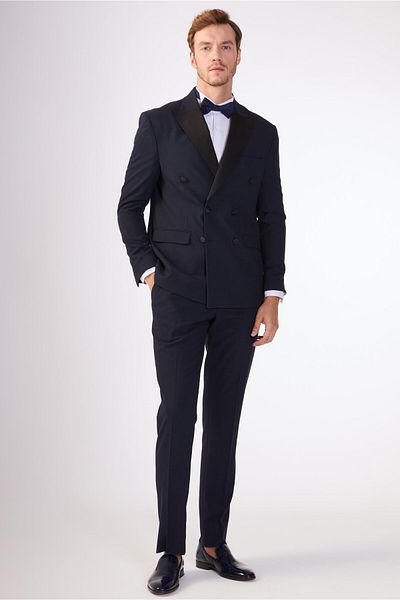 Dufy Costum smoking pentru bărbați, albastru bleumarin, slim fit, cu guler drept - 92385