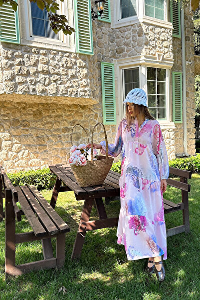 VAGGON Women's Pink Color Block Court Collar Half Placket Maxi Length Dress Vs00174