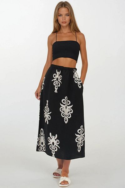 VAGGON Women's Black Elastic Waist Double Pocket Patterned Maxi Skirt Vs00259