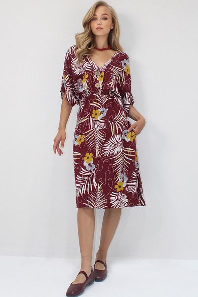 VAGGON Women's Bordo Front Back V-Neck Coconut Button Double Pocket Patterned Woven Viscosse Dress Prmx14205