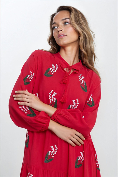 VAGGON Rochie de damă roșie brodată cu guler judecător cu șireturi mărime mare VS00321