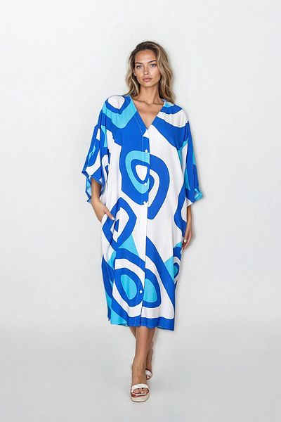 VAGGON Women's Blue Front Button Double Pocket Plus Size Viscose Dress Vs00316
