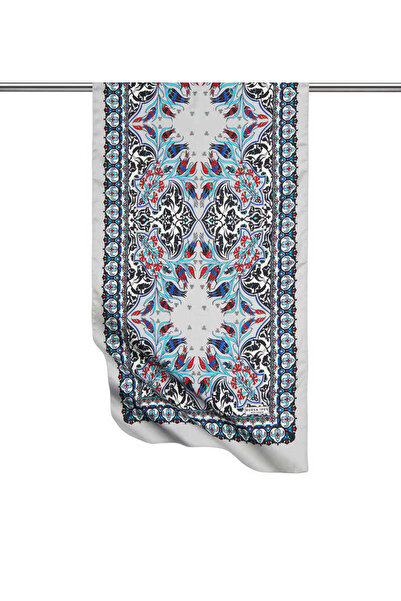 Bursa İpek Siyah Gri Çini Lale Desen Dar İpeksi Fular