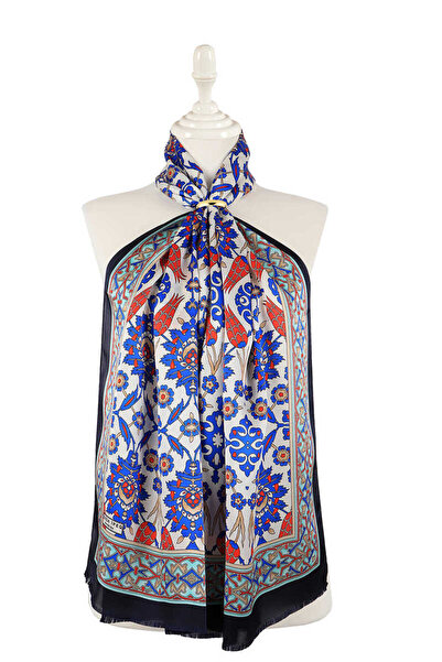 Bursa İpek Navy Blue Flower Pot Tile Tulip Silk Scarf