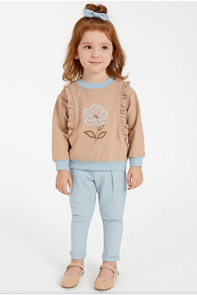 Moonstar Girls' Embroidered Ruffle Detail Elastic Waist Pocket Trousers Sweatpants Seasonal Suit