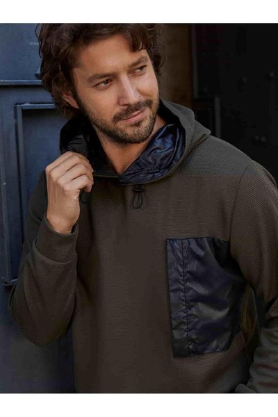 Dufy Khaki Men's Regular Fit Plain Hooded Sweatshirt - 91859