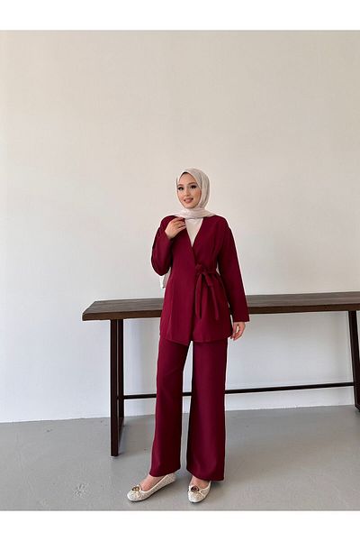 New Lune Women's Clothing Burgundy Color Side Tie Hijab Double Set Bottom Top Set