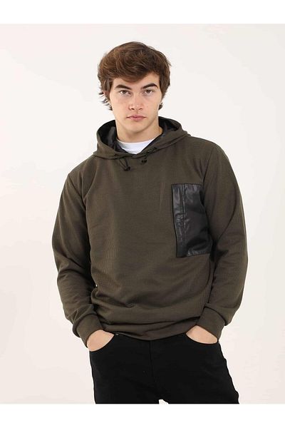 Dufy Khaki Men's Regular Fit Plain Hooded Sweatshirt - 91859