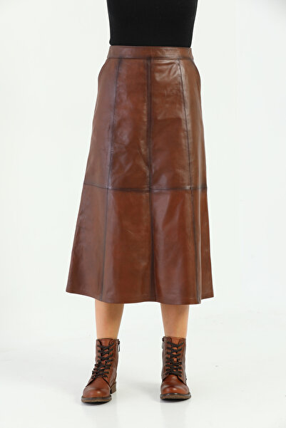 Basics&More Kadın Evaze Yan Cepli Kestane Hakiki Deri Uzun Etek - SK05