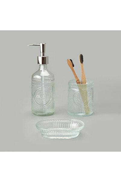 Evidea Το διαφανές σετ σαπουνιού μπάνιου 3 τεμαχίων από γυαλί προσφέρει κομψότητα και λειτουργικότητα.