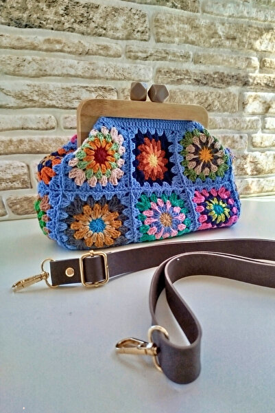 Mutlu İnsanlar Dükkanı El Yapımı Ahşap Burslu Örgü Çanta