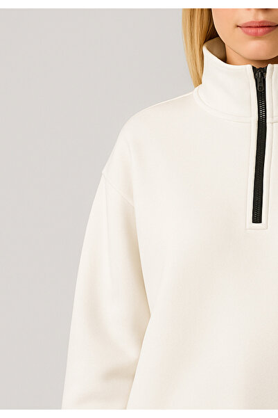 Arz giyim Oversize White Half Zip Sweatshirt – Women's High-Rise 70% Cotton Comfortable Fit