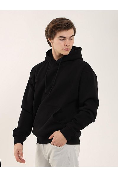 Dufy Black Men's Oversize Plain Cotton Hooded Sweat-Shirt - 103732