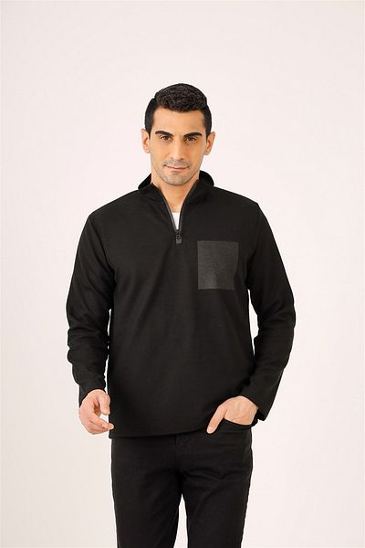 Dufy Black Men's Regular Fit Printed Zippered Stand Collar Sweat-Shirt - 91854