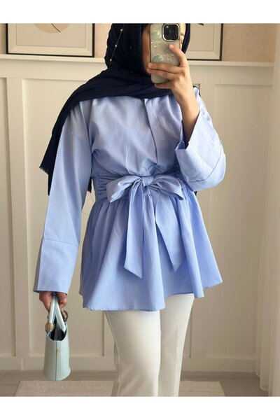 Dorcha Yarım Düğmeli Beli Bağlamalı Yanı Fermuarlı Tunik -Bebe Mavi