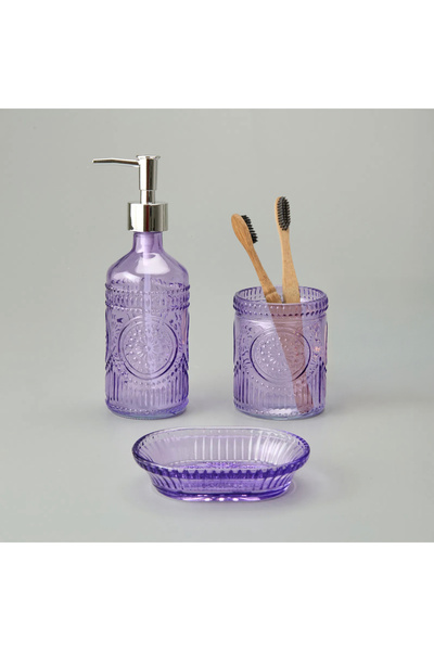 Evidea Bath 3'lü Cam Banyo Sıvı Sabunluk Seti - Mor
