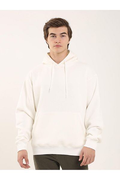 Dufy Ecru Men's Oversize Plain Cotton Hooded Sweat-Shirt - 103712