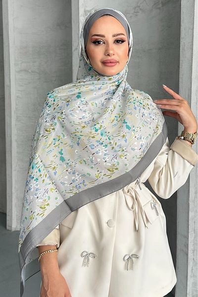 Stella Eşarp Ethnic Leopard Flower Pattern Gray Color Soft Cotton Shawl
