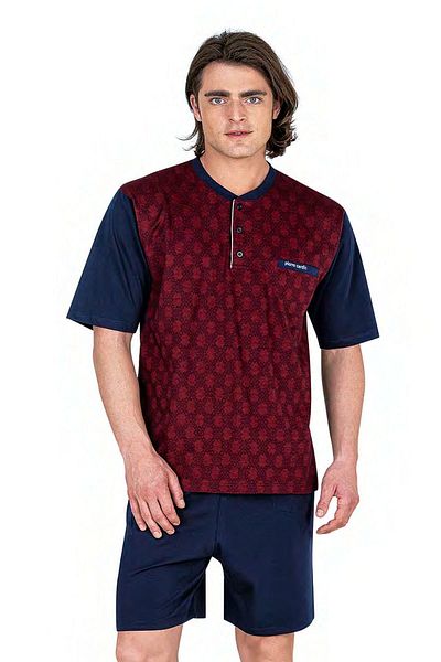 Pierre Cardin 6055 Men's Short Sleeve Jacquard 3-Piece Pajama Set-Burgundy