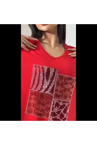 Elaxi Taşlı Oversize Leopar Desen Tişört