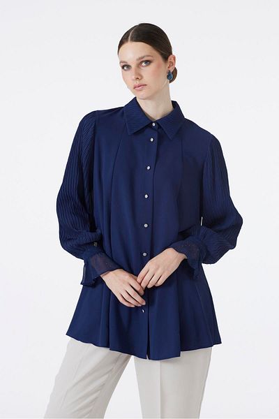 Zühre Buttoned Navy Blue Tunic with Sleeve Detail T-1588