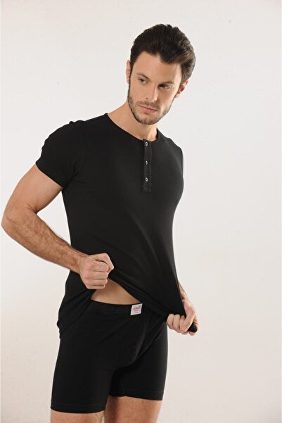 Hmd 505 3-pack Cotton Button Detailed Collar Men's Undershirt - Black