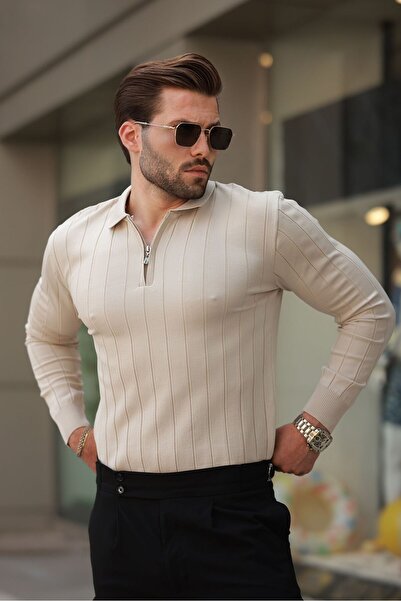 Madmext Bej Polo Yaka Fermuarlı Örme Kazak 7242