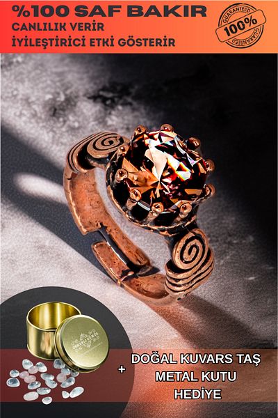 OSMANLI GÜMÜŞ Women's Copper Ring - Zultanite Stone Model 2 Tree Bark Model Thin Metal Box Quartz Stone Ring