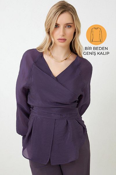 Setre Bluză mov cu decolteu dublu cu mâneci lungi și model lat