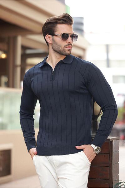 Madmext Pulover tricotat albastru bleumarin cu gât polo - Detaliu cu fermoar 7242